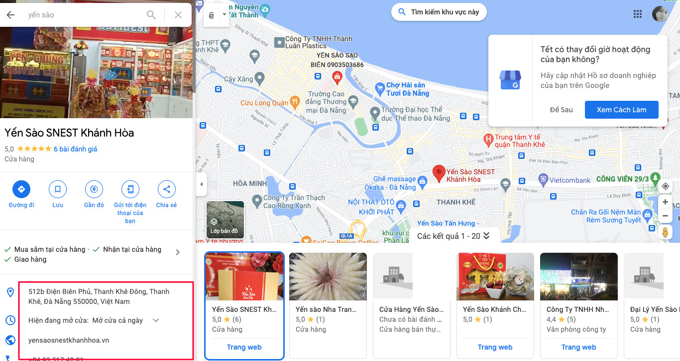 Khởi tạo google map cho chi nhánh Yến sào Davinest
